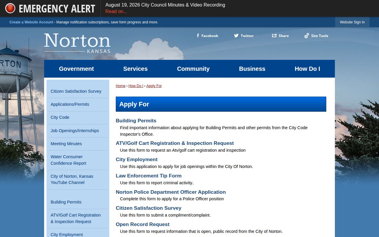 Norton city arrest-record request page in Norton County