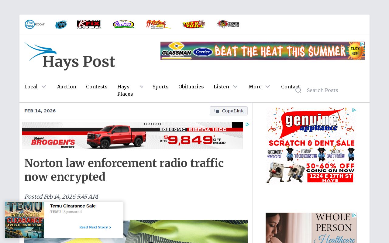 Norton County crime news report about encrypted law enforcement radio